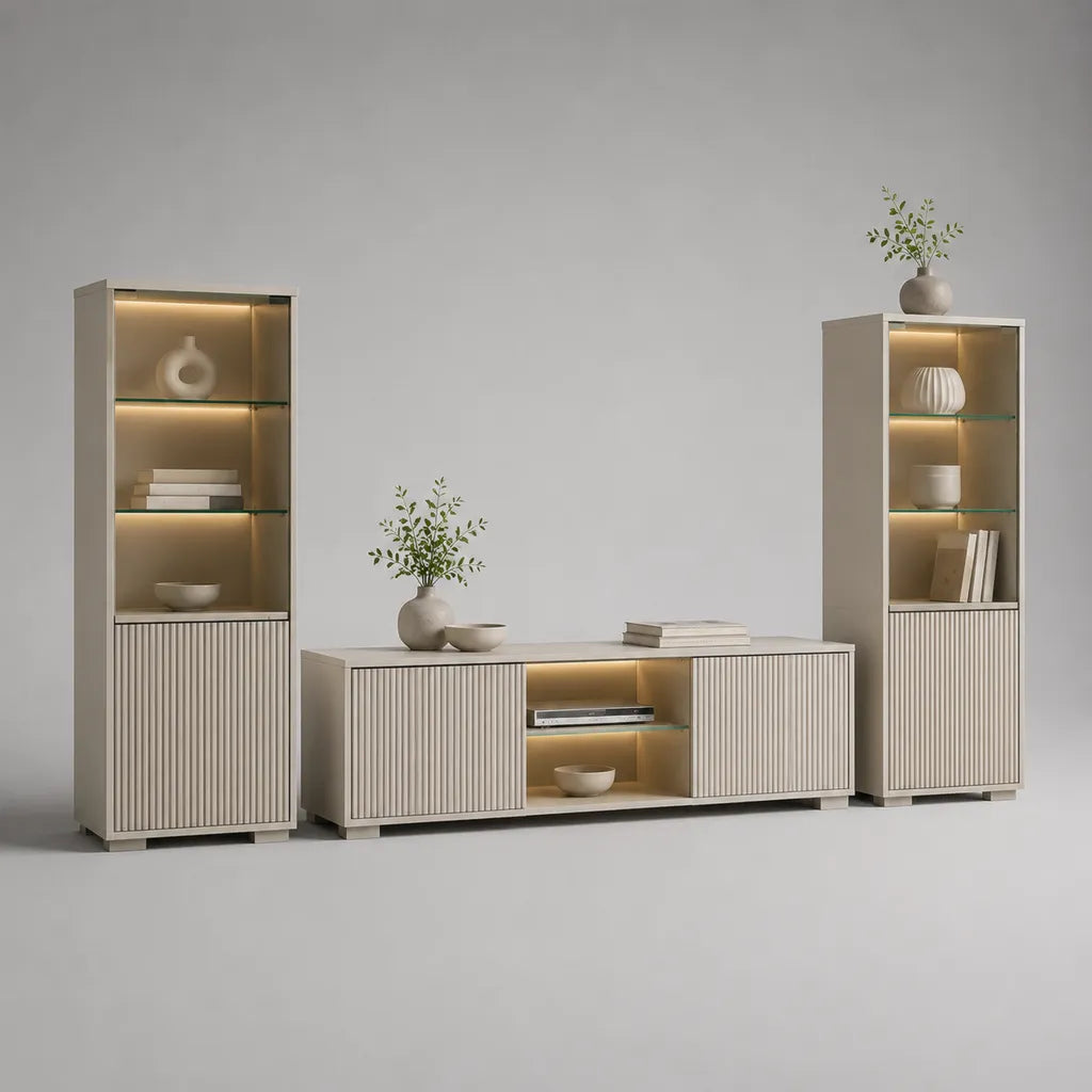 Set TV 3 pezzi in pannelli a particelle, MDF e vetro con illuminazione a LED, beige, 250 × 40 × 190 cm