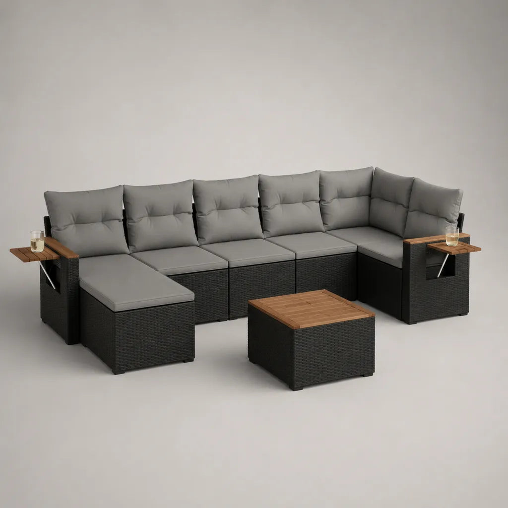 Soggiorno da giardino 7 camere con divano angolo modulare 6 posti a sedere in resina intrecciata, cuscini grigi, antracite e marroni, 315 × 190 × 74 cm