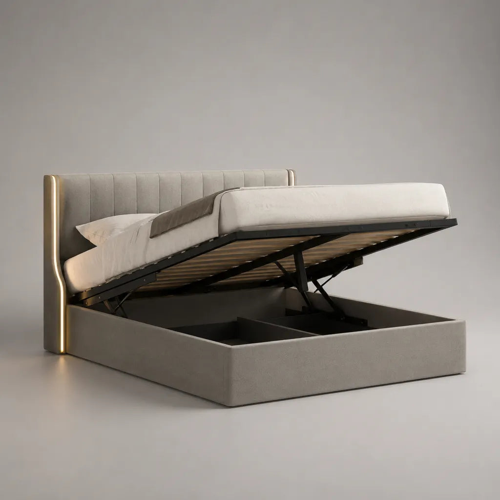 Letto doppio cassetto beige 160 × 200 cm, dimensioni 218 × 176 × 112 cm, letto estraibile, telaio in acciaio e illuminazione a LED
