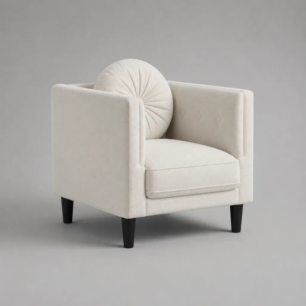 Sedia Club in tessuto crema ricci con cuscino rotondo e piedi neri, 78 × 76 × 78 cm