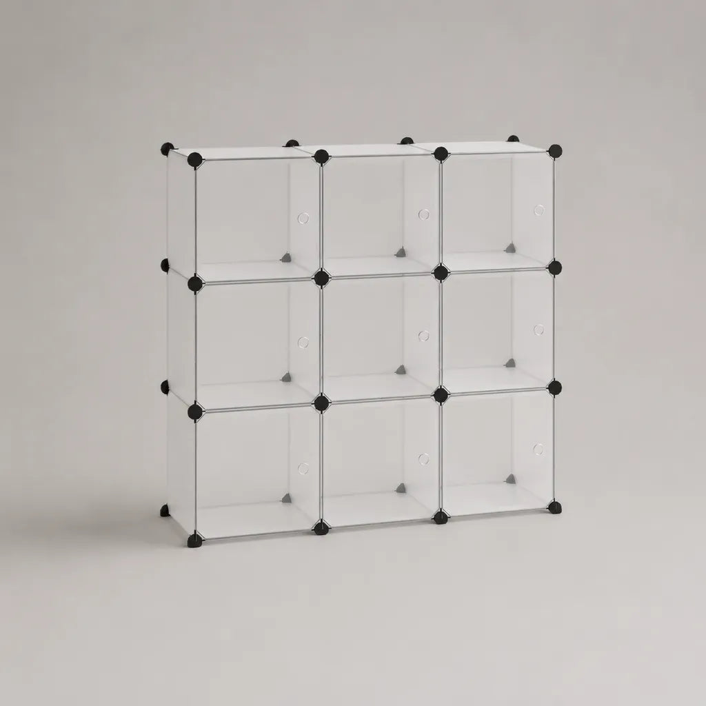 Armadio per scarpe modulari 9 scomparti in polipropilene e acciaio, bianco trasparente e nero, 111 × 37 × 111 cm