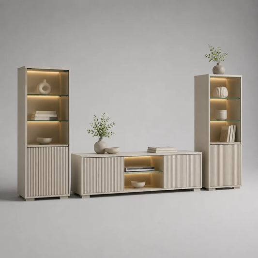 Set TV 3 pezzi in pannelli a particelle, MDF e vetro con illuminazione a LED, beige, 250 × 40 × 190 cm