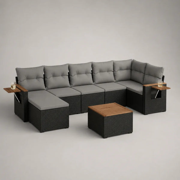 Soggiorno da giardino 7 camere con divano angolo modulare 6 posti a sedere in resina intrecciata, cuscini grigi, antracite e marroni, 315 × 190 × 74 cm