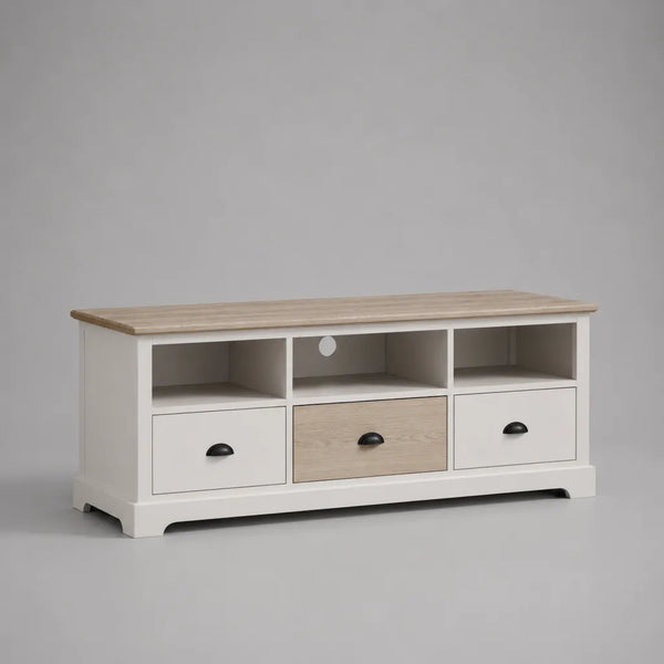 Basso armadio TV in legno con 3 cassetti, 3 nicchie e pass via cavo, rovere bianco e chiaro, 140 × 40 × 60 cm