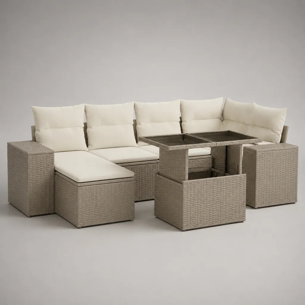 Giardino esterno 8 posti in resina intrecciata beige con divano angolo 236 × 177 × 73 cm, tavolo 130 × 70 × 66 cm, 3 sgabelli e cuscini crema