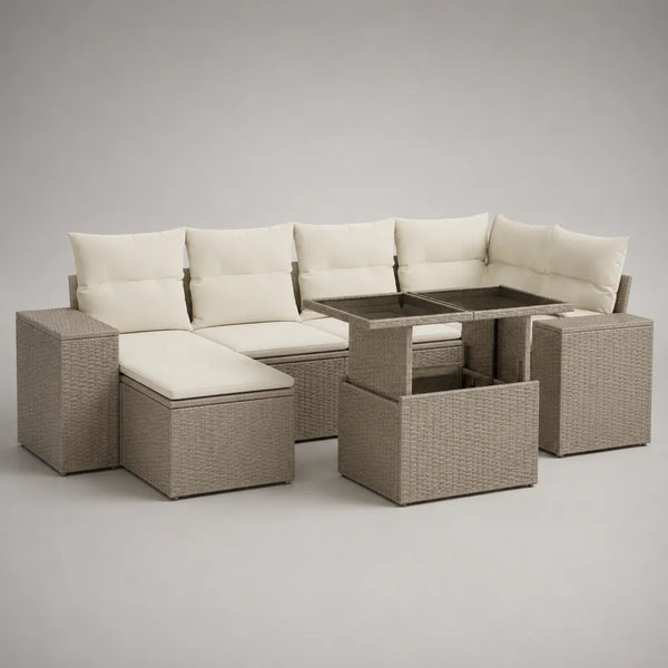 Giardino esterno 8 posti in resina intrecciata beige con divano angolo 236 × 177 × 73 cm, tavolo 130 × 70 × 66 cm, 3 sgabelli e cuscini crema