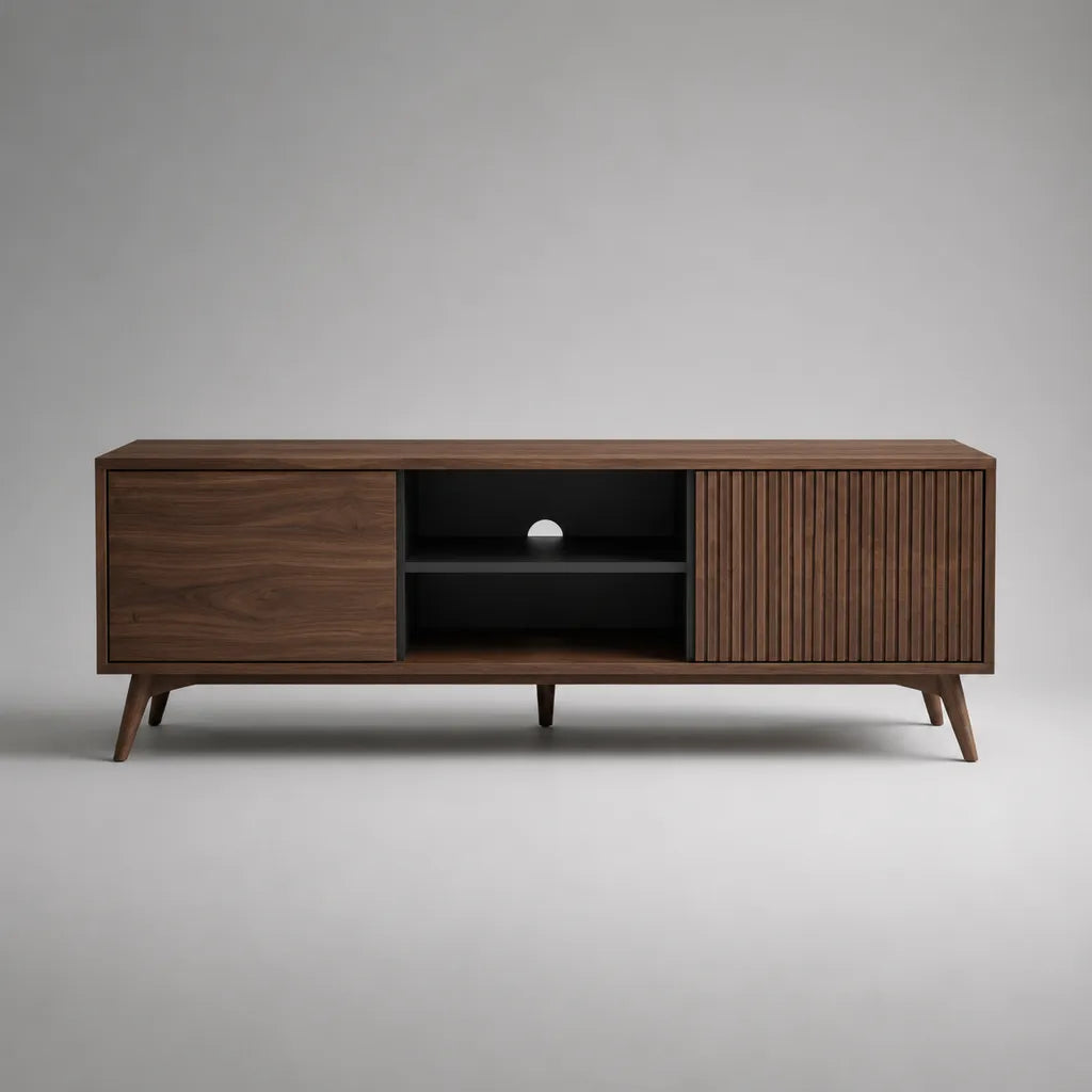 Armadio Tv basso in legno e MDF con stoccaggio e cavo, marrone noce e nero, 160 × 40 × 60 cm