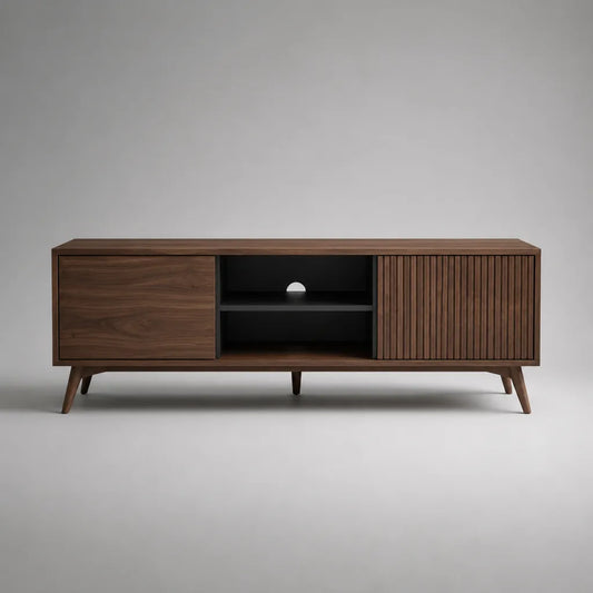Armadio Tv basso in legno e MDF con stoccaggio e cavo, marrone noce e nero, 160 × 40 × 60 cm
