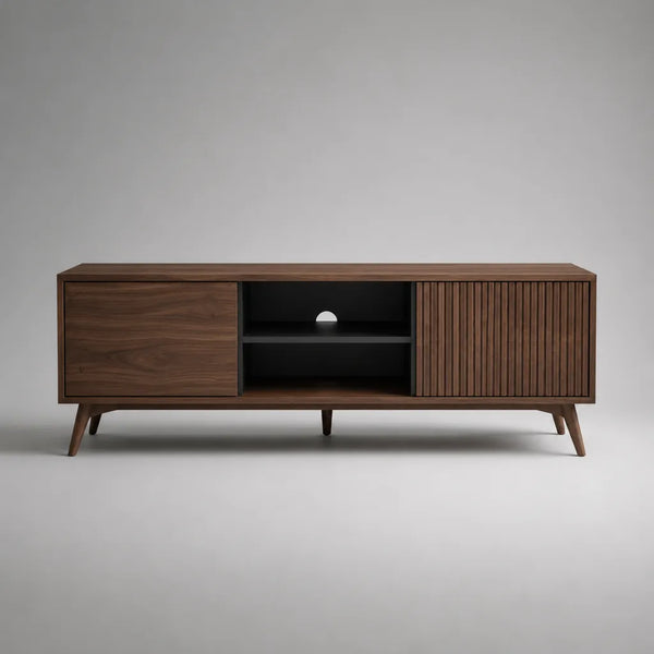 Armadio Tv basso in legno e MDF con stoccaggio e cavo, marrone noce e nero, 160 × 40 × 60 cm