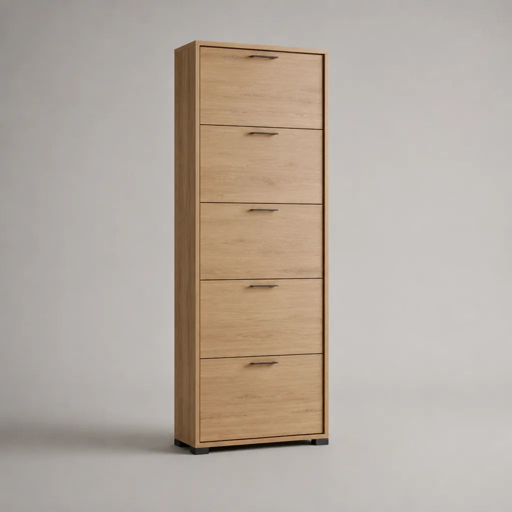Armadio per scarpe rettangolare con 5 pezzi di pannello di particelle, rovere chiaro e nero, 63 × 24 × 180 cm