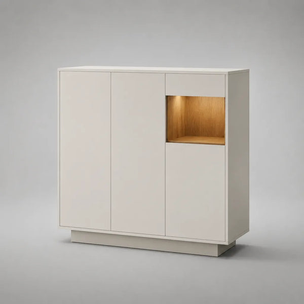 Armadio scarpa rettangolare in pannelli melaminici, rovere bianco rotto e naturale, con nicchia illuminata, 120 × 35 × 110 cm