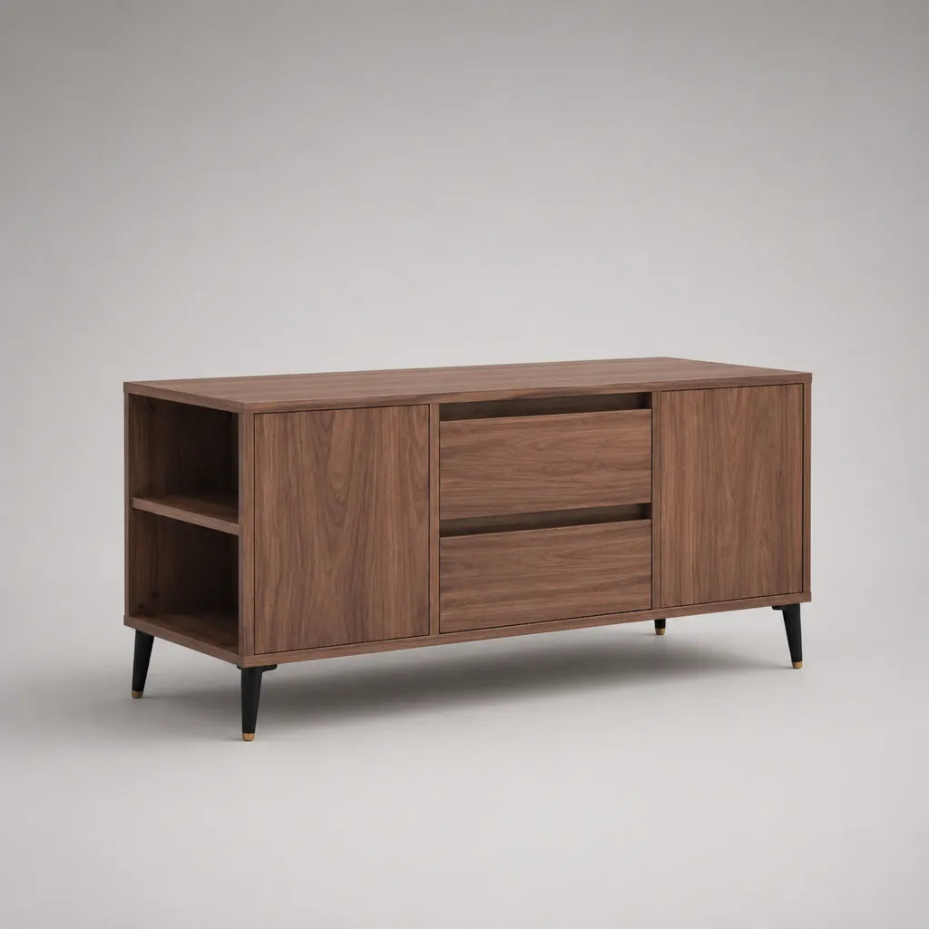 Effetto annegamento armadio TV in legno con 2 porte, 2 cassetti, 3 nicchie e piedi in acciaio nero, 150 × 40 × 70 cm