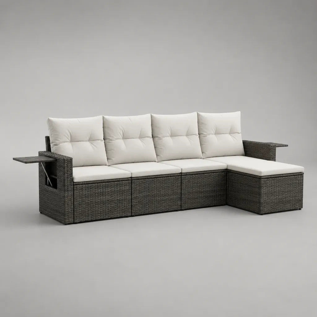 Divano angolo giardino 4 sedili in resina intrecciata e acciaio, grigio antracite e bianco rotto, con meridiano e 2 compresse pieghevoli, 270 × 155 × 85 cm