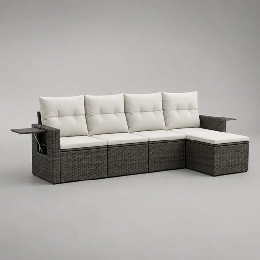 Divano angolo giardino 4 sedili in resina intrecciata e acciaio, grigio antracite e bianco rotto, con meridiano e 2 compresse pieghevoli, 270 × 155 × 85 cm