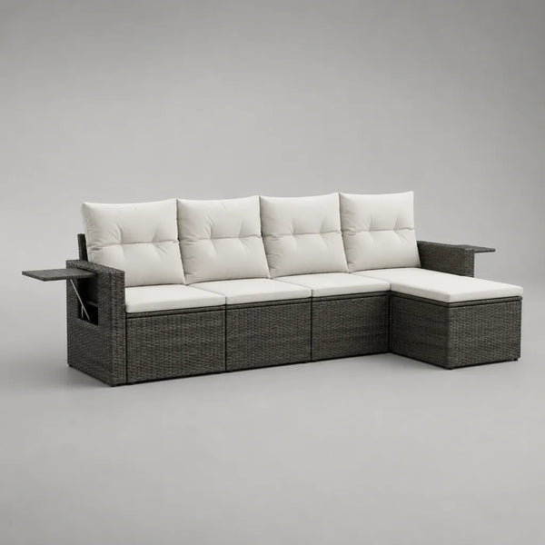 Divano angolo giardino 4 sedili in resina intrecciata e acciaio, grigio antracite e bianco rotto, con meridiano e 2 compresse pieghevoli, 270 × 155 × 85 cm