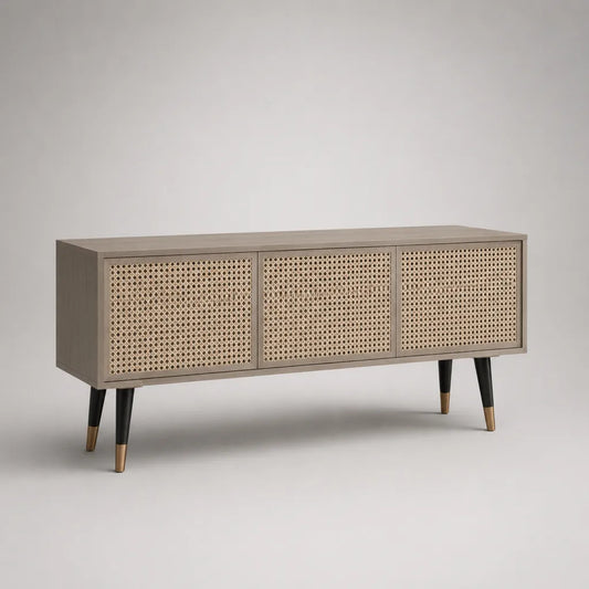 Armadio rettangolare in legno e contenitore TV, 3 porte, grigio beige, nero e oro, 150 × 40 × 75 cm