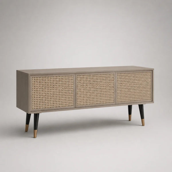 Armadio rettangolare in legno e contenitore TV, 3 porte, grigio beige, nero e oro, 150 × 40 × 75 cm