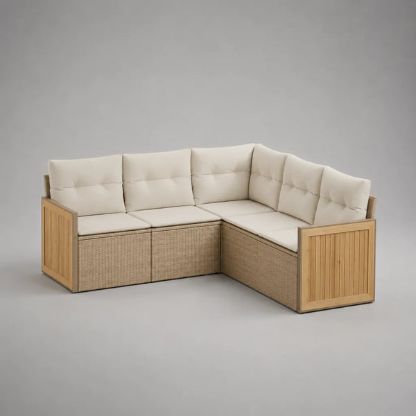 Divano esterno angolo giardino 5 posti a sedere in resina PE intrecciata e legno, beige naturale, marrone chiaro e crema, 228 × 172 × 84 cm
