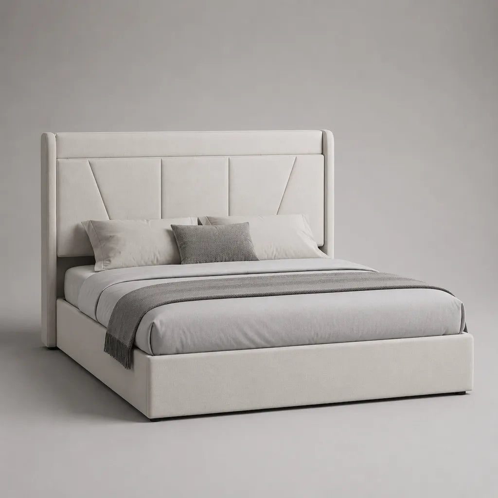 Lettino imbottito scatola doppia in tessuto bianco rotto, letto 160 × 200 cm, dimensioni 218 × 178 × 135 cm