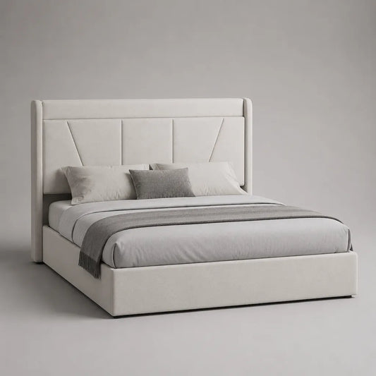 Lettino imbottito scatola doppia in tessuto bianco rotto, letto 160 × 200 cm, dimensioni 218 × 178 × 135 cm