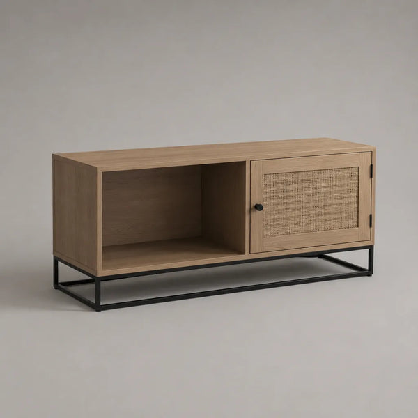 Armadio TV rettangolare in legno e metallo nero con porta contenitore in rattan e nicchia aperta, 120 × 40 × 60 cm, rovere naturale e nero