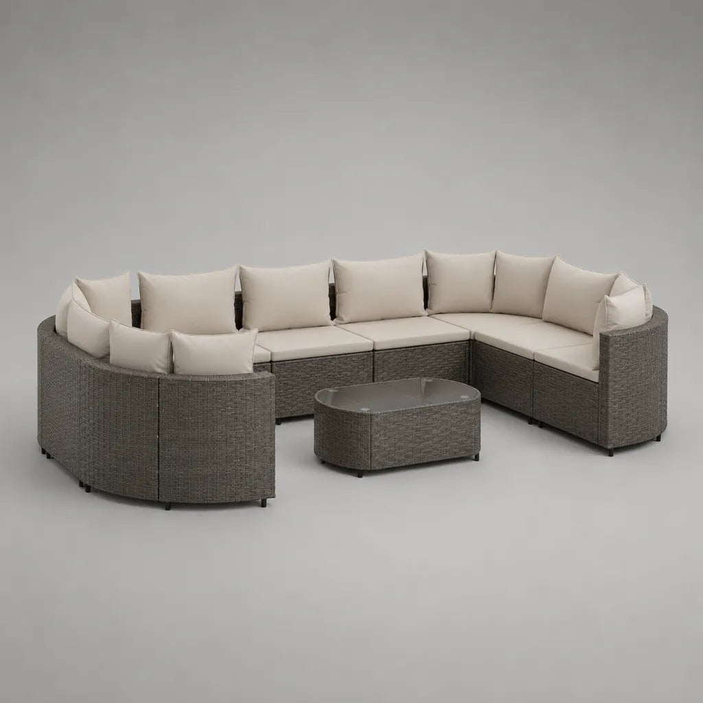 Soggiorno da giardino 7 camere con divano modulare in U 6 posti a sedere in resina intrecciata grigia taupe, cuscini beige e tavolino, 310 × 230 × 78 cm