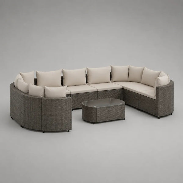 Soggiorno da giardino 7 camere con divano modulare in U 6 posti a sedere in resina intrecciata grigia taupe, cuscini beige e tavolino, 310 × 230 × 78 cm