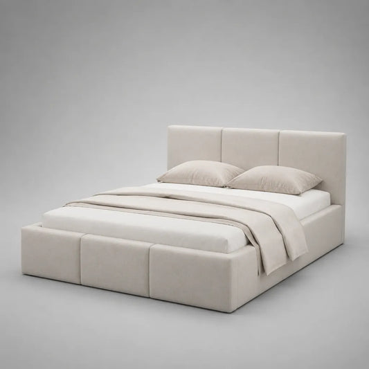 Letto matrimoniale in tessuto beige con letto estraibile, letto da 160 × 200 cm, dimensioni 180 × 218 × 110 cm