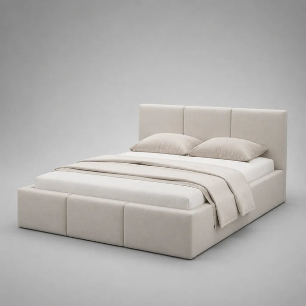 Letto matrimoniale in tessuto beige con letto estraibile, letto da 160 × 200 cm, dimensioni 180 × 218 × 110 cm