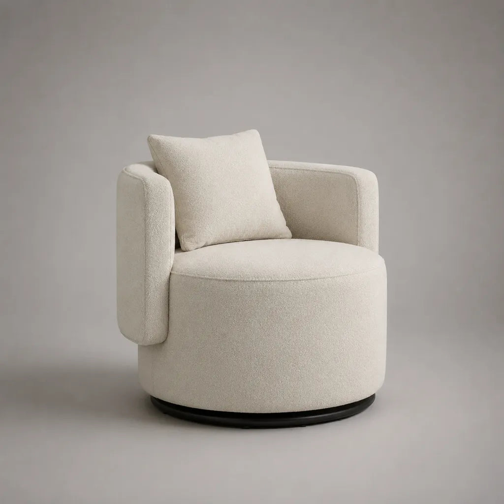 Sedia girevole a 360° in tessuto bianco rotto con base in metallo nero, 82 × 78 × 76 cm