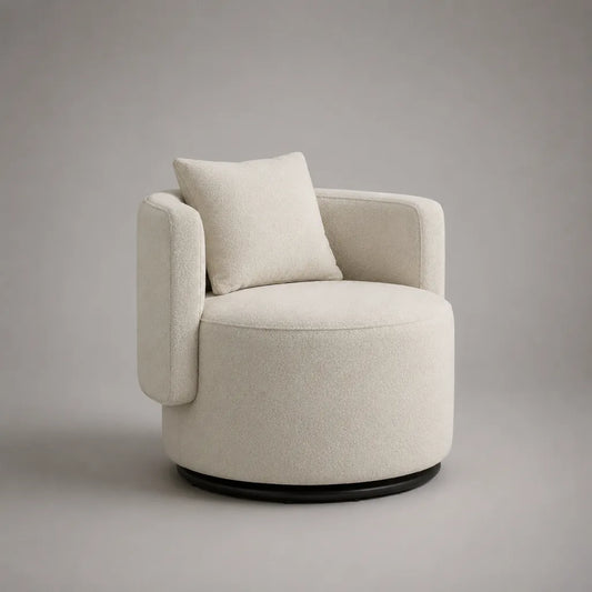 Sedia girevole a 360° in tessuto bianco rotto con base in metallo nero, 82 × 78 × 76 cm