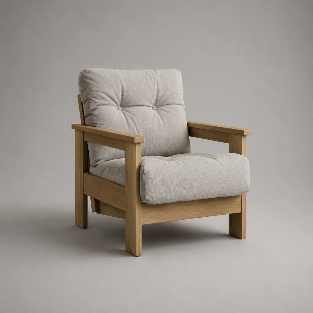 Poltrona imbottita in legno massello e tessuto beige leggero, 75 × 80 × 82 cm