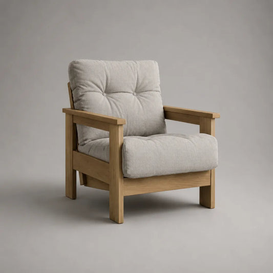 Poltrona imbottita in legno massello e tessuto beige leggero, 75 × 80 × 82 cm