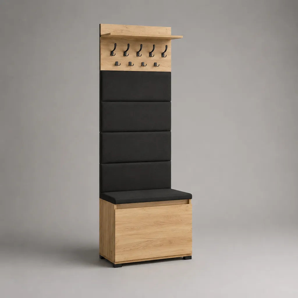 Calzature con panchina e giubbotto in pannello di particelle e pelle, rovere chiaro e nero, 60 × 35 × 180 cm