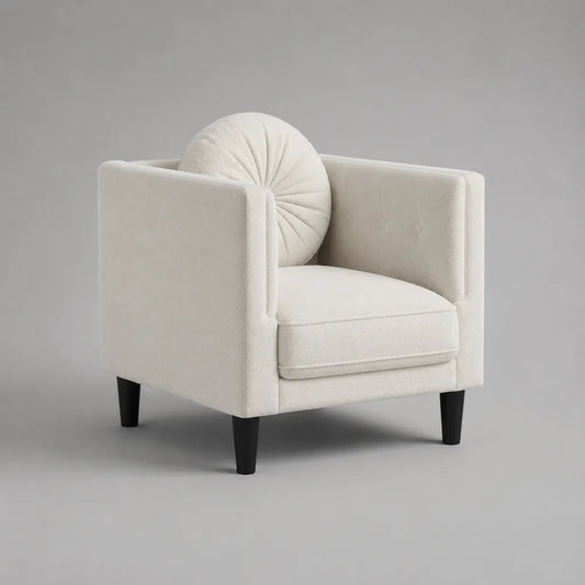 Sedia Club in tessuto crema ricci con cuscino rotondo e piedi neri, 78 × 76 × 78 cm