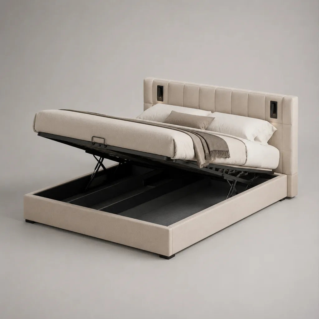 Letto doppio petto in tessuto beige e metallo nero con lettino estraibile e testata con 2 lenzuola a LED, letto 160 × 200 cm, dimensioni 176 × 218 × 112 cm