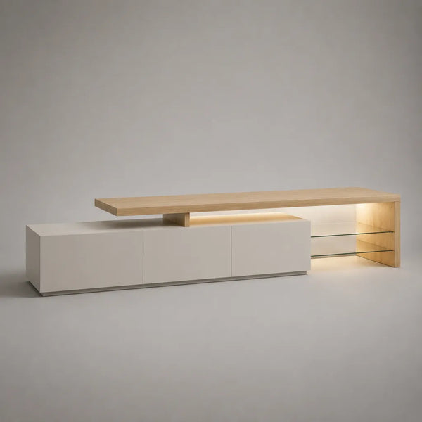 Armadio rettangolare a TV con luce LED in melamina MDF e vetro temperato, bianco opaco e rovere leggero, 240 × 40 × 55 cm
