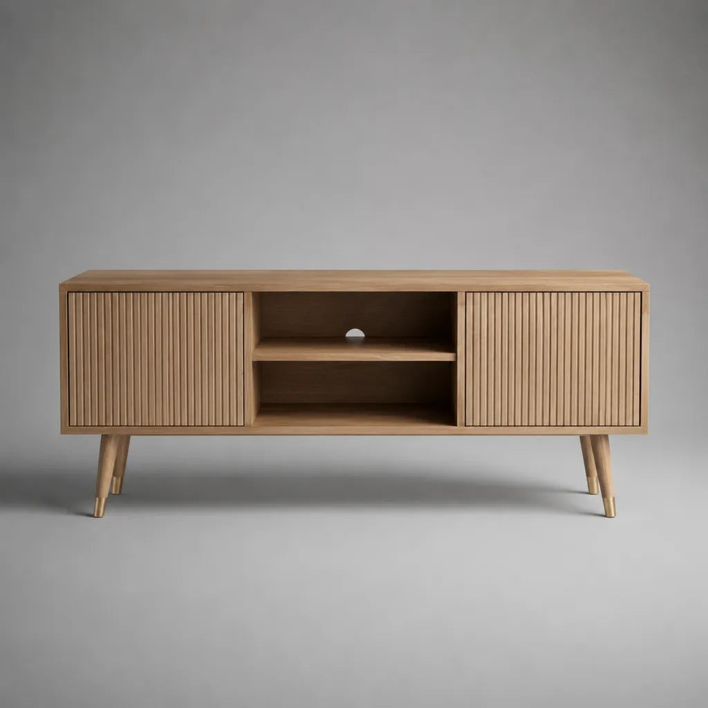MDF Armadio rettangolare TV rovere naturale con 2 porte e 2 nicchie, 140 × 40 × 60 cm, rovere naturale e ottone