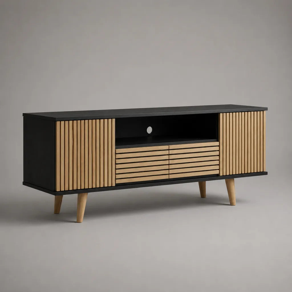Armadio TV in legno con stoccaggio, rovere nero e naturale, 160 × 40 × 65 cm