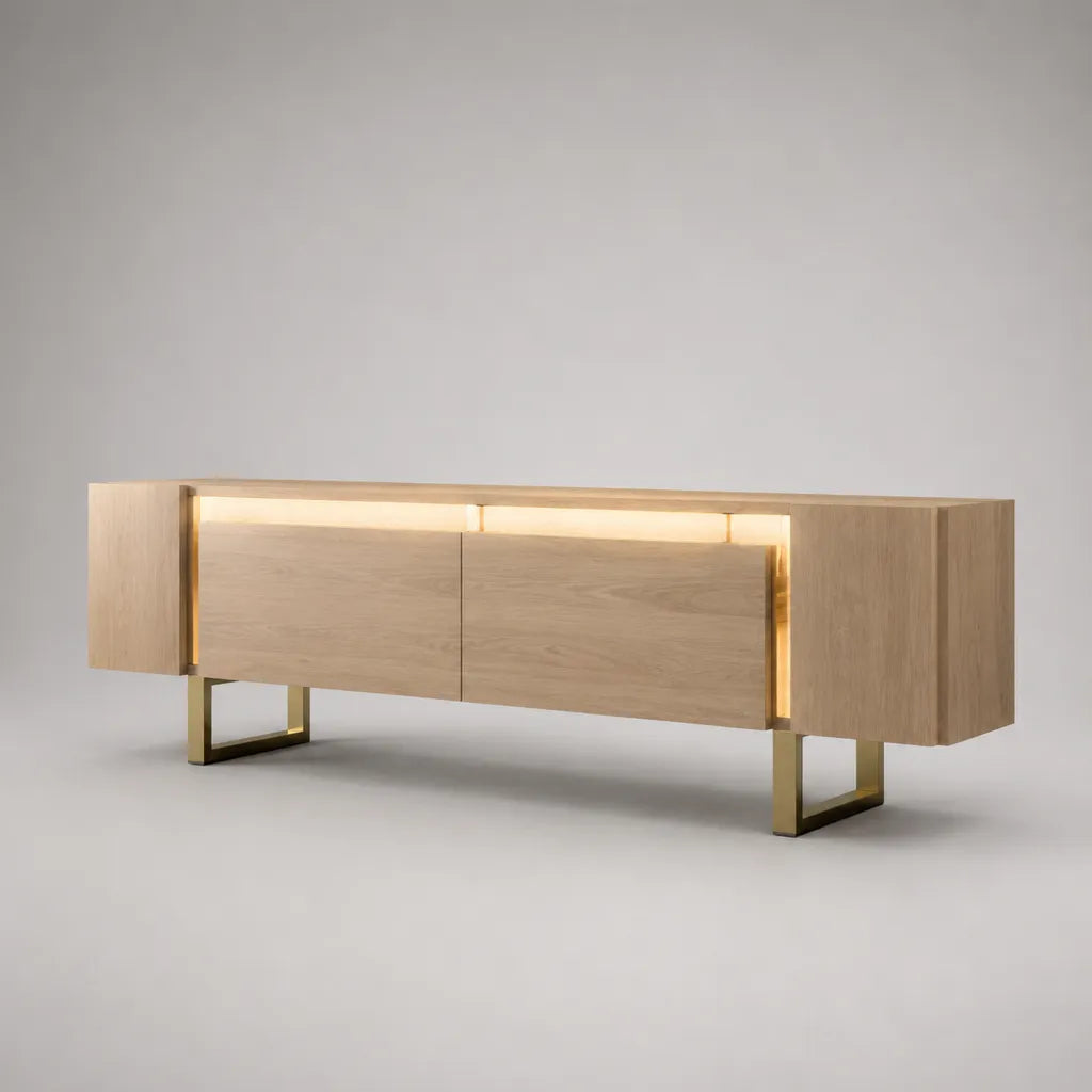 Armadio TV rettangolare in legno e metallo con illuminazione a LED, luce e rovere dorato, 180 × 40 × 70 cm