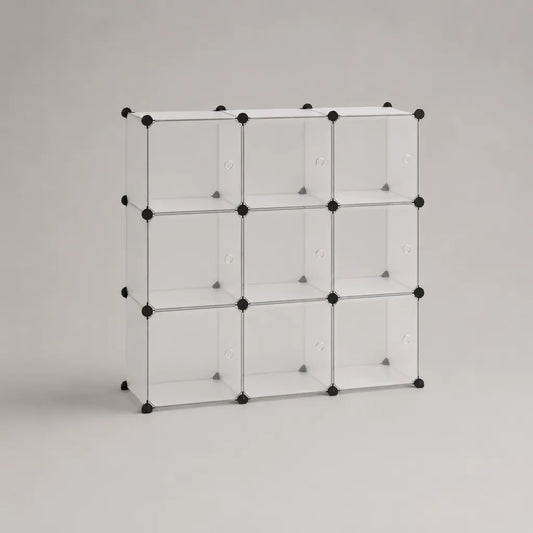Armadio per scarpe modulari 9 scomparti in polipropilene e acciaio, bianco trasparente e nero, 111 × 37 × 111 cm