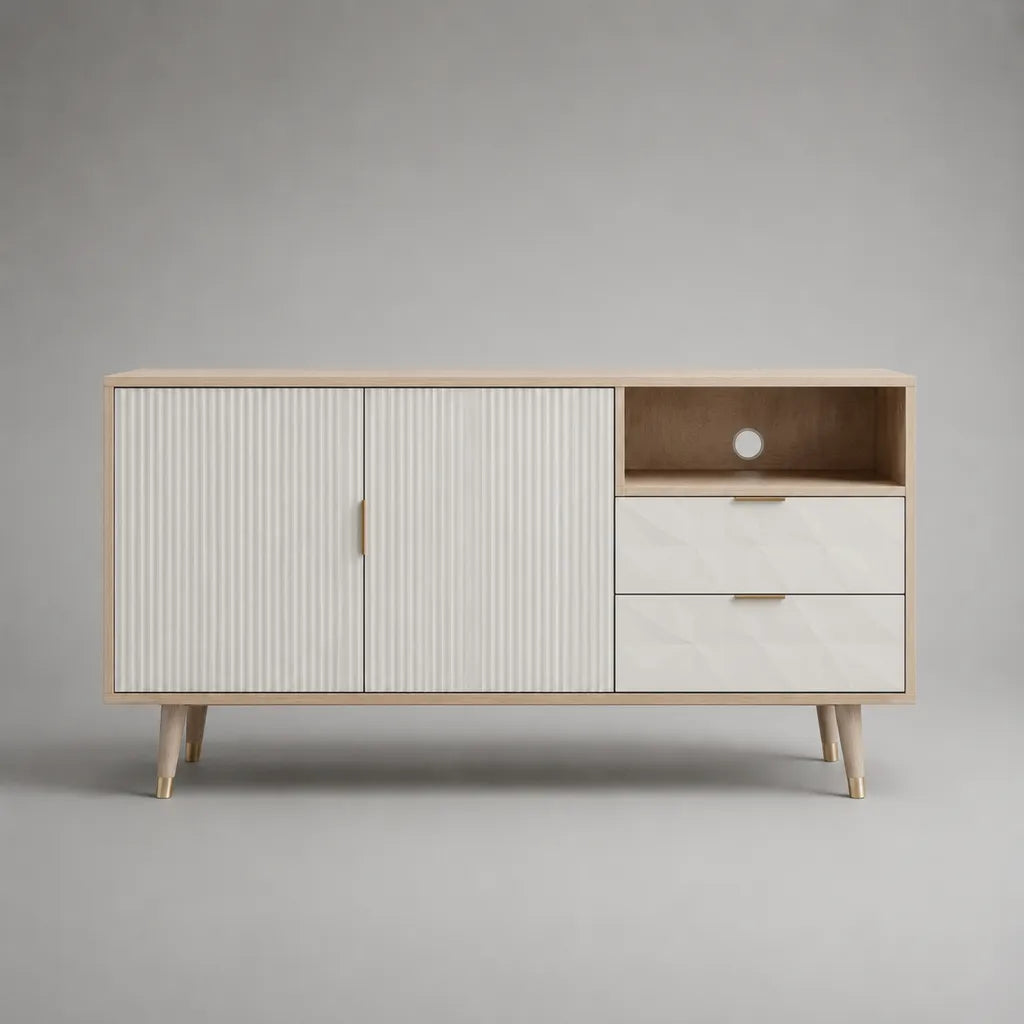 Armadio rettangolare MDF TV e legno hèvea, bianco opaco, rovere chiaro e dorato, 140 × 40 × 80 cm