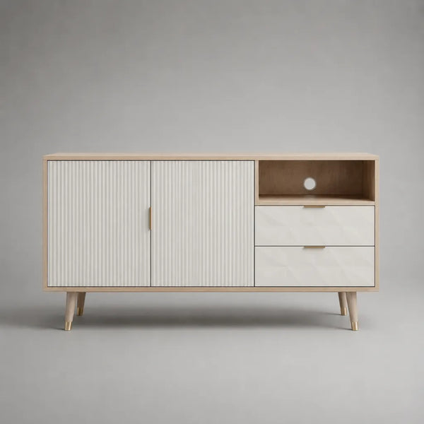 Armadio rettangolare MDF TV e legno hèvea, bianco opaco, rovere chiaro e dorato, 140 × 40 × 80 cm
